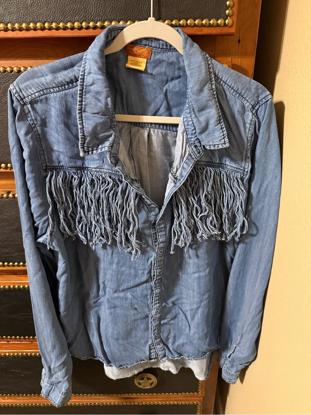 Scully Light Blue Fringed Denim Button-Down Shirt
